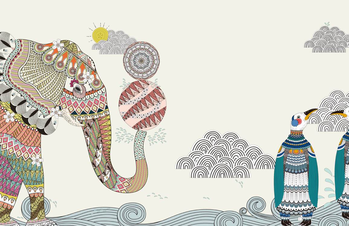 Bohemian Elephant and Penguin Art Mural Wallpaper in Multicolour Fantasy Style