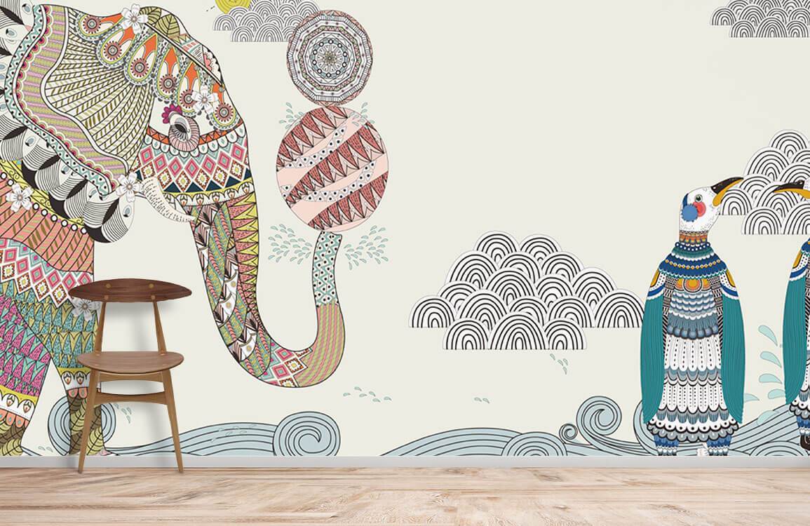 Bohemian Elephant and Penguin Art Mural Wallpaper in multicolour, wooden chair, light wood flooring.