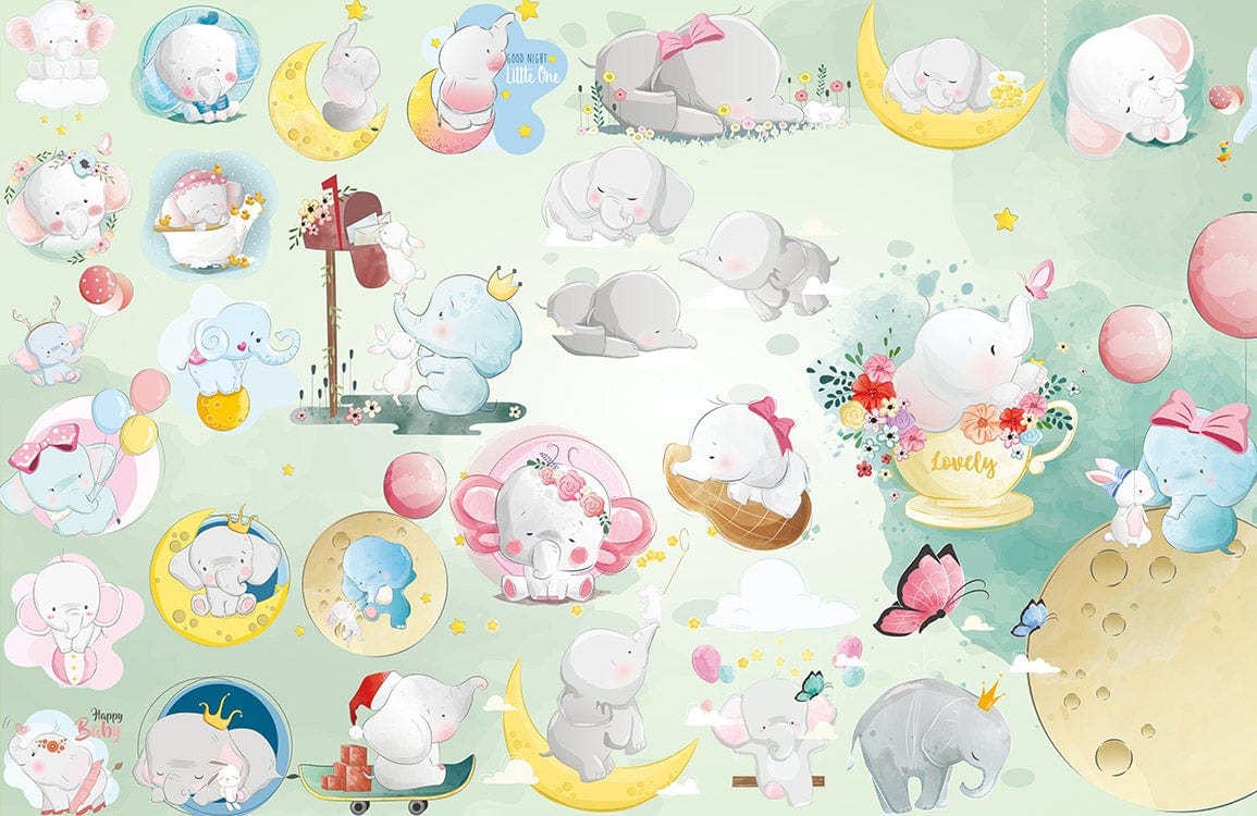 Adorable Pastel Elephant Nursery Mural Wallpaper with Stars and Balloons Design
