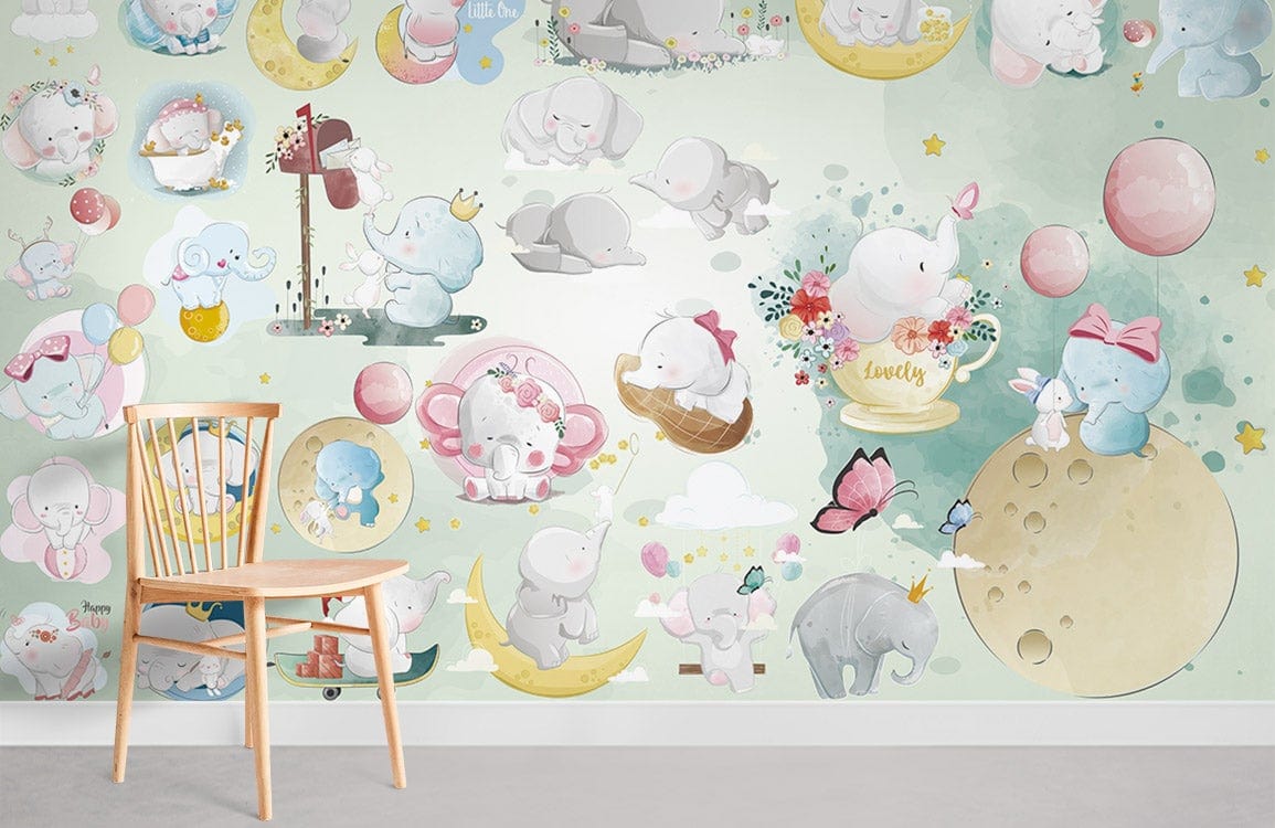 Cute Elephants Mural Wallpaper Room