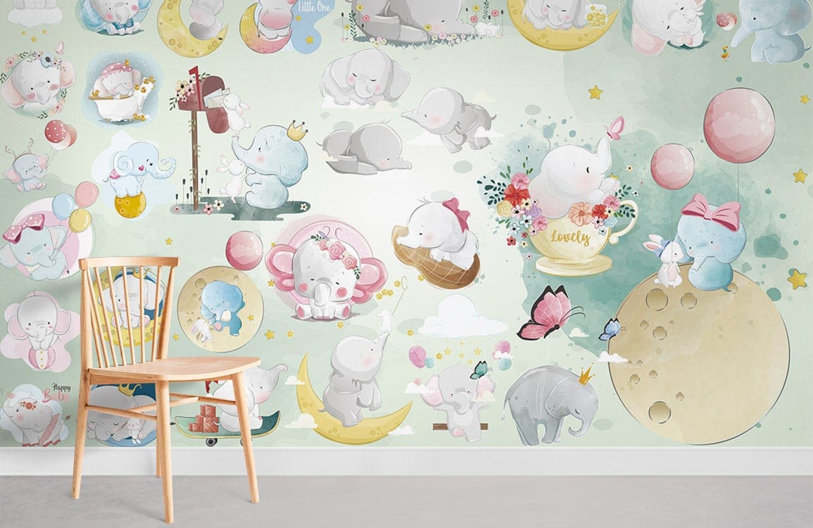 Adorable pastel elephant mural wallpaper with stars, balloons; light green wall, wooden chair, nursery setting.