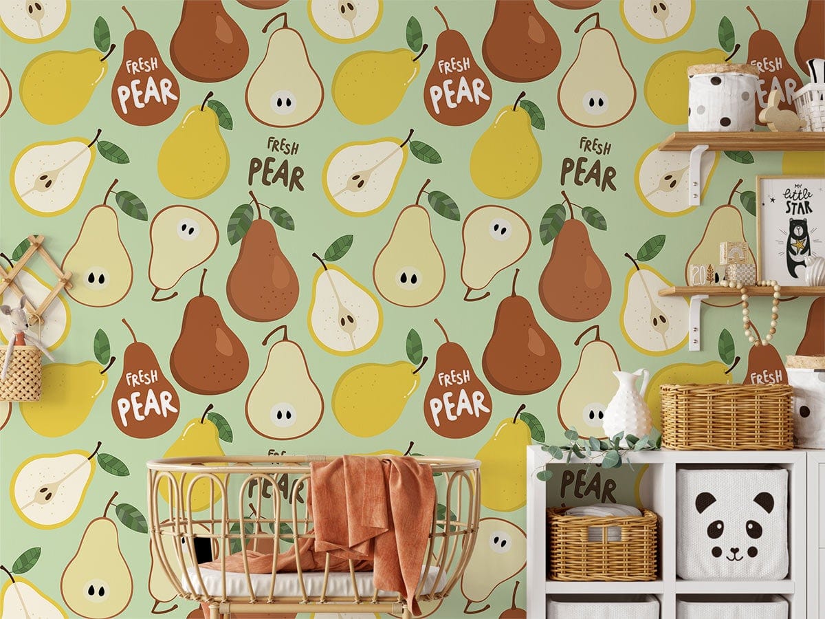 Retro Pear Pattern Wallpaper in nursery; wicker bassinet, shelves, and panda-themed storage unit included.
