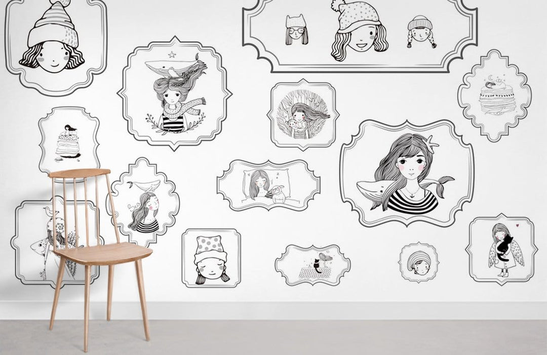 Black and White Whimsical Girls Mural Wallpaper Décor with Chair; minimalist room, light flooring.