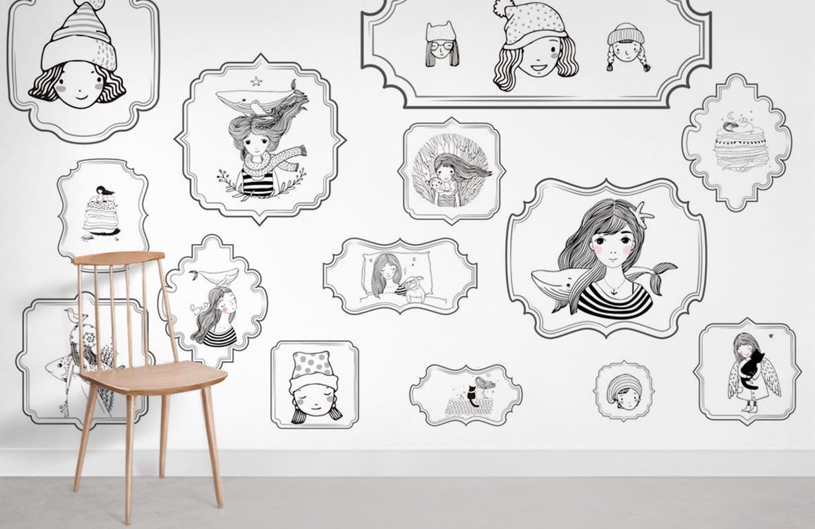 Black and White Whimsical Girls Mural Wallpaper Décor with Chair; minimalist room, light flooring.