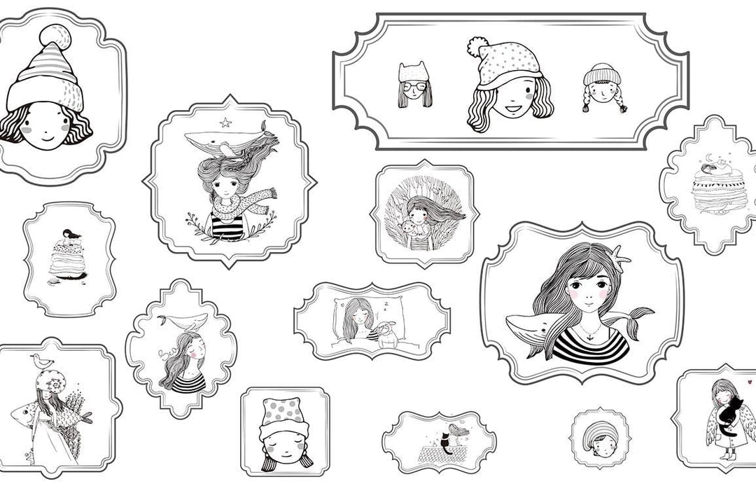 Black and White Whimsical Girls Illustration Pattern Mural Wallpaper Décor
