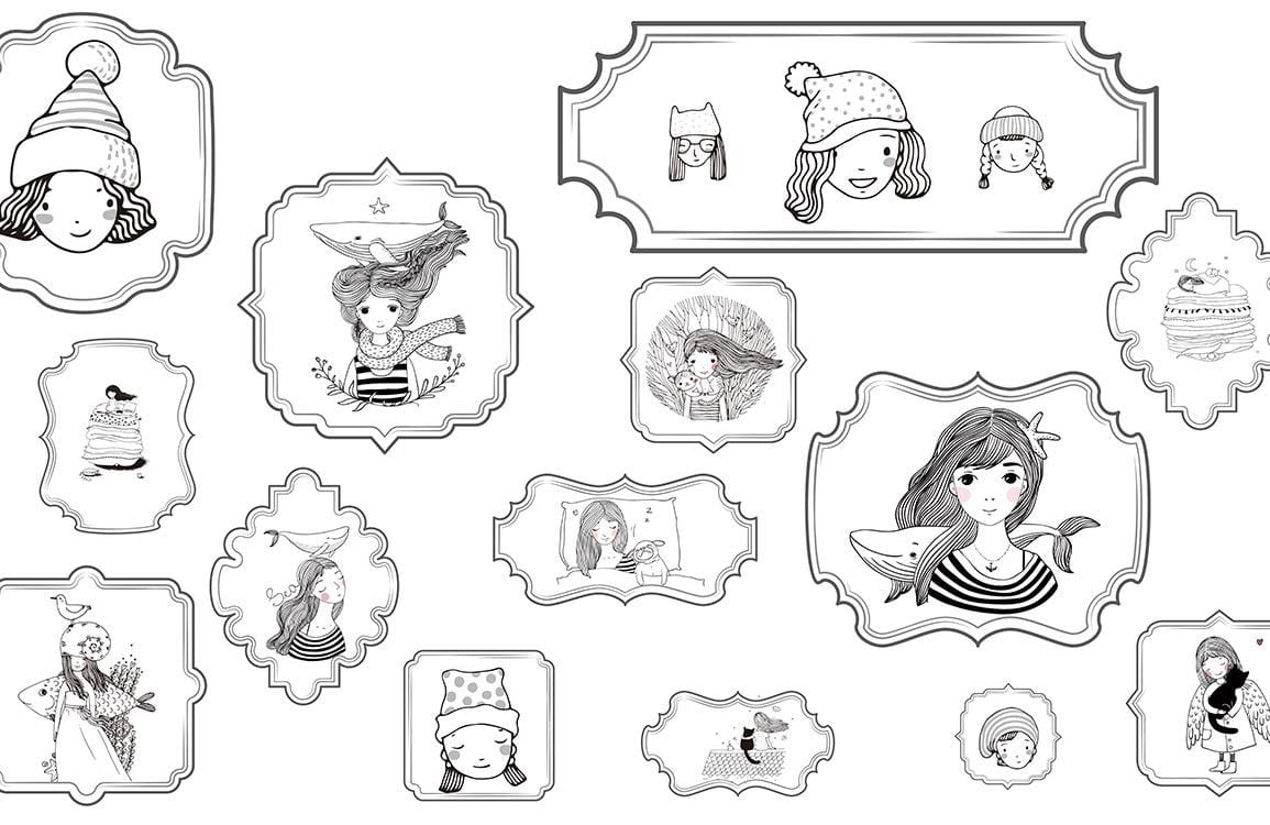 Black and White Whimsical Girls Illustration Pattern Mural Wallpaper Décor