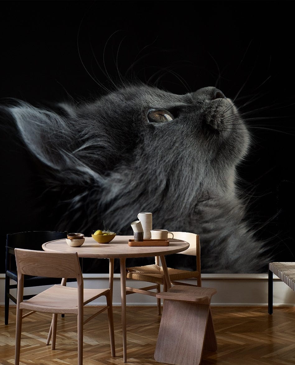 Grey Cat Silhouette Wallpaper in dining room; elegant feline design with wooden furniture, parquet flooring.
