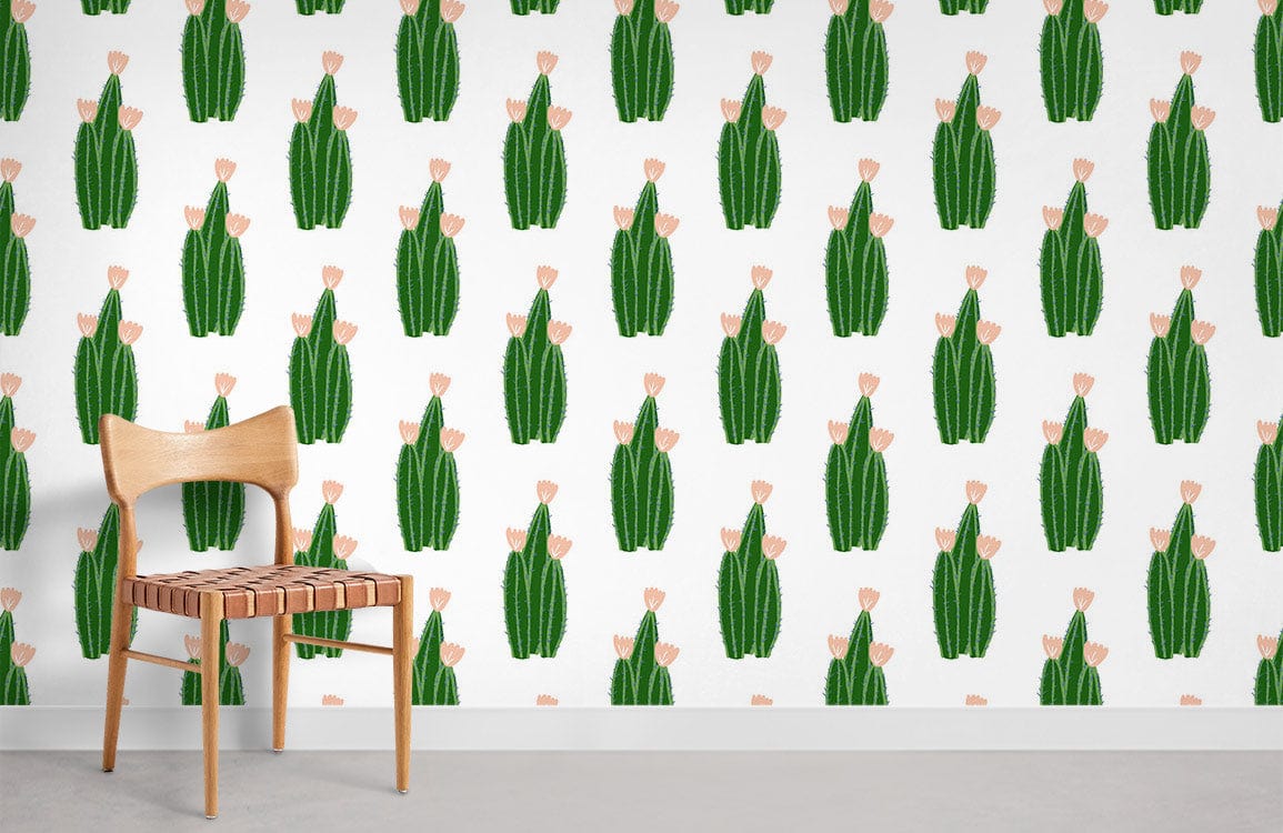 Enchanting green cacti wallpaper in modern room with wooden chair, grey flooring, botanical decor style.