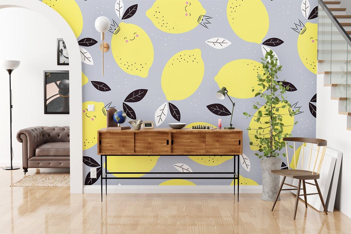 Playful yellow lemon mural wallpaper in kids' room with wooden sideboard, grey sofa, bamboo flooring.