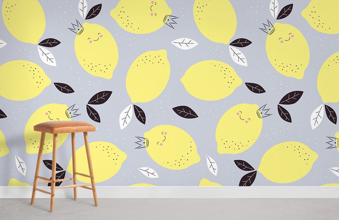 Playful yellow lemons wallpaper on grey wall; wooden stool; modern kids room decor.