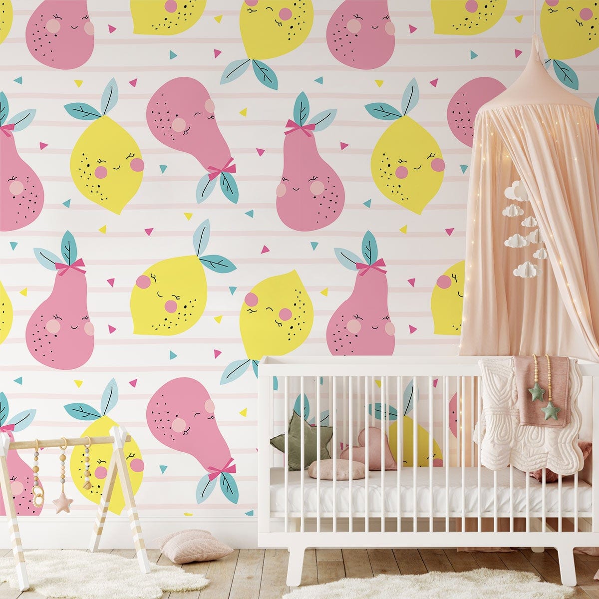 Cheerful Pink Yellow Fruit Nursery Wallpaper, pastel patterns, white crib, playful nursery decor.