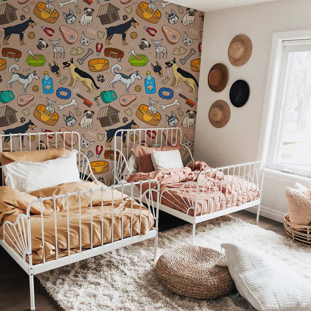 Whimsical Canine Delight wallpaper, colourful pattern in children's bedroom with white beds, fluffy rug.