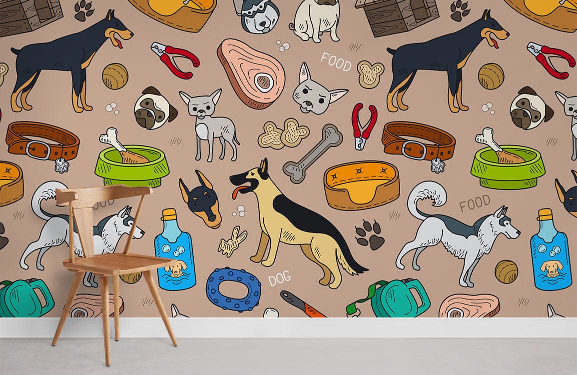 Whimsical wallpaper with colourful dogs, wooden chair, beige wall, grey flooring, in a playful room.