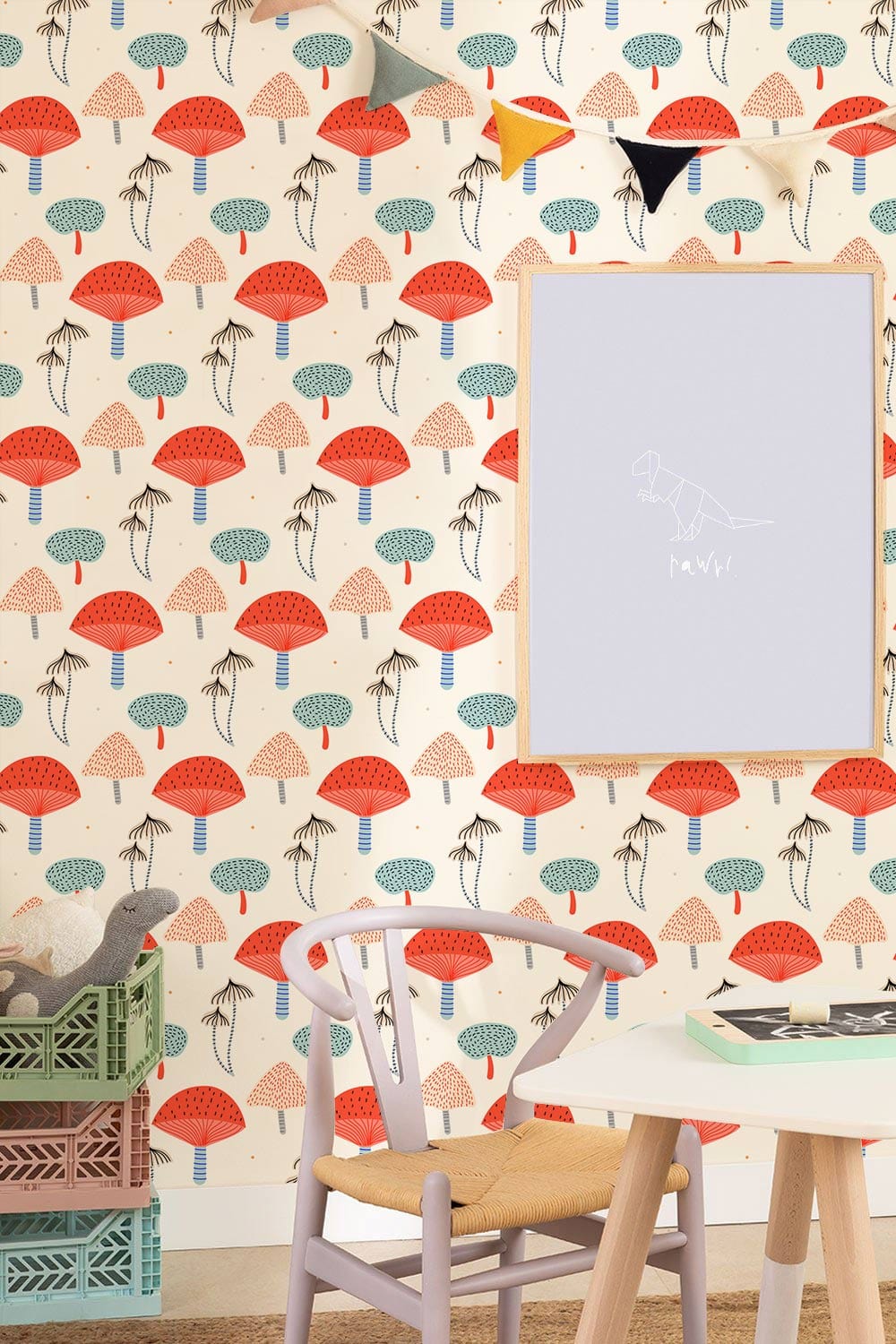 Vintage Mushroom Wallpaper by Brand, featuring bold red and blue designs, wooden chair, white table.