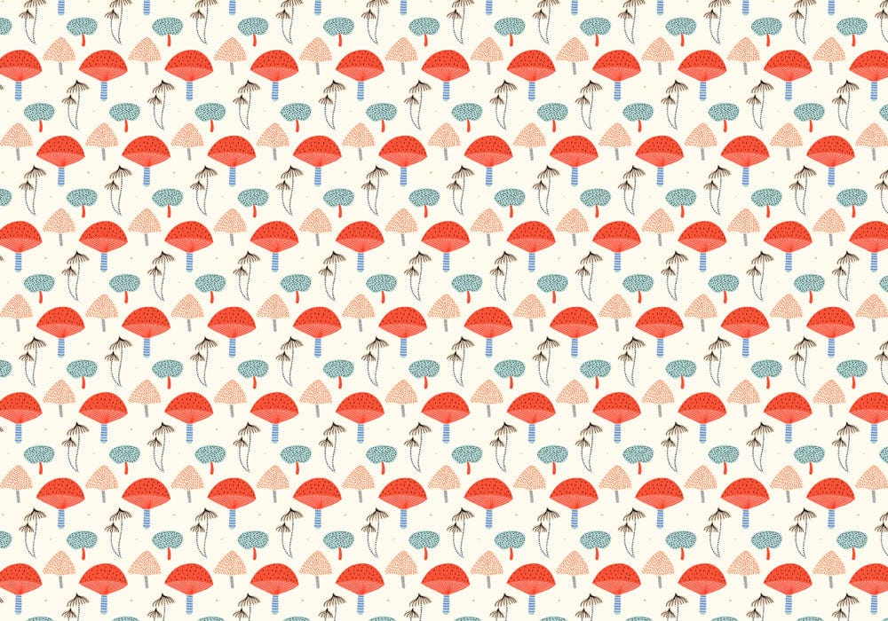 Vintage Botanical Mushroom Pattern Wallpaper in Red and Blue Tones