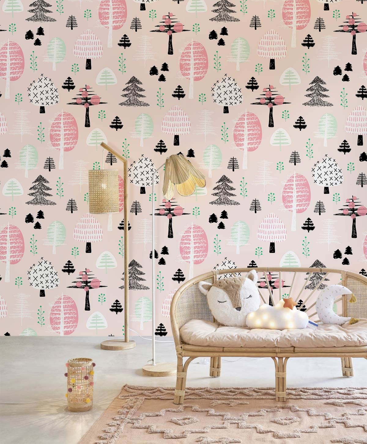 Whimsical Pastel Forest Wallpaper with pink, green pattern, wicker sofa, modern floor lamp, in lounge.