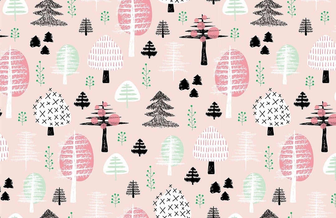 Whimsical Pastel Forest Patterned Wallpaper - Pink, Green and Black Delight