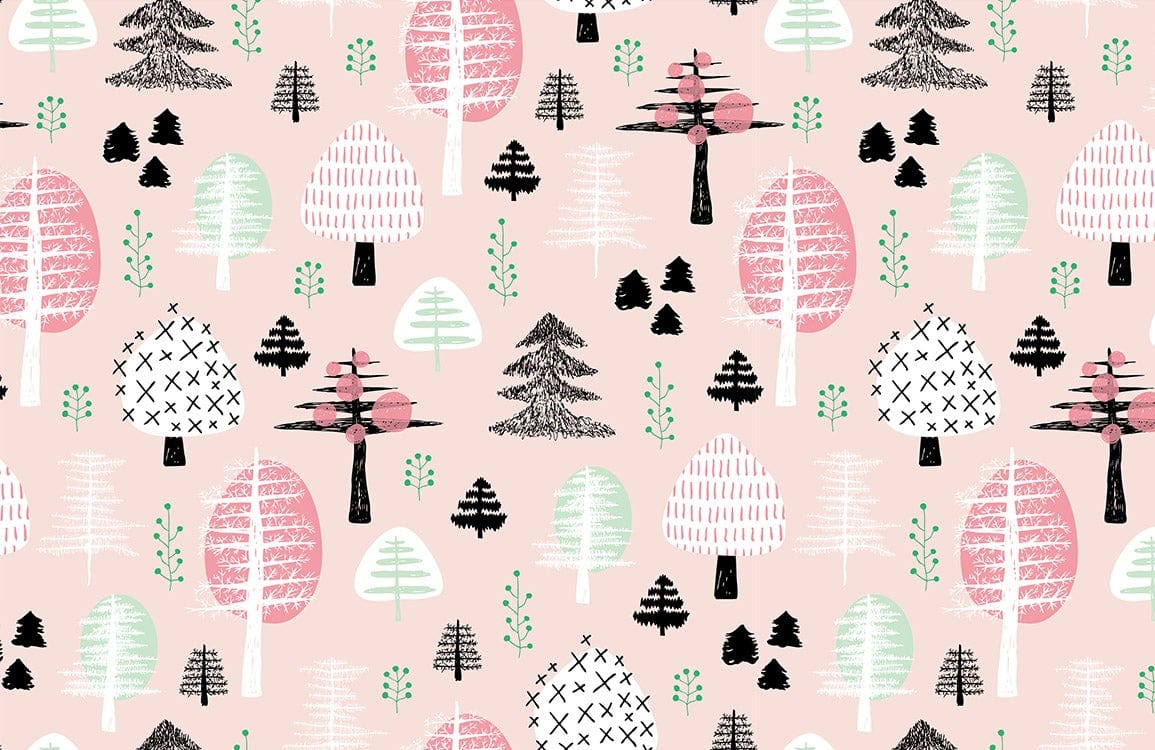 Whimsical Pastel Forest Patterned Wallpaper - Pink, Green and Black Delight