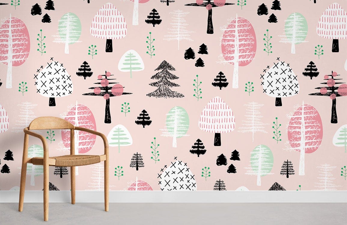 Whimsical Pastel Forest Patterned Wallpaper with wooden chair on grey floor in modern living room.