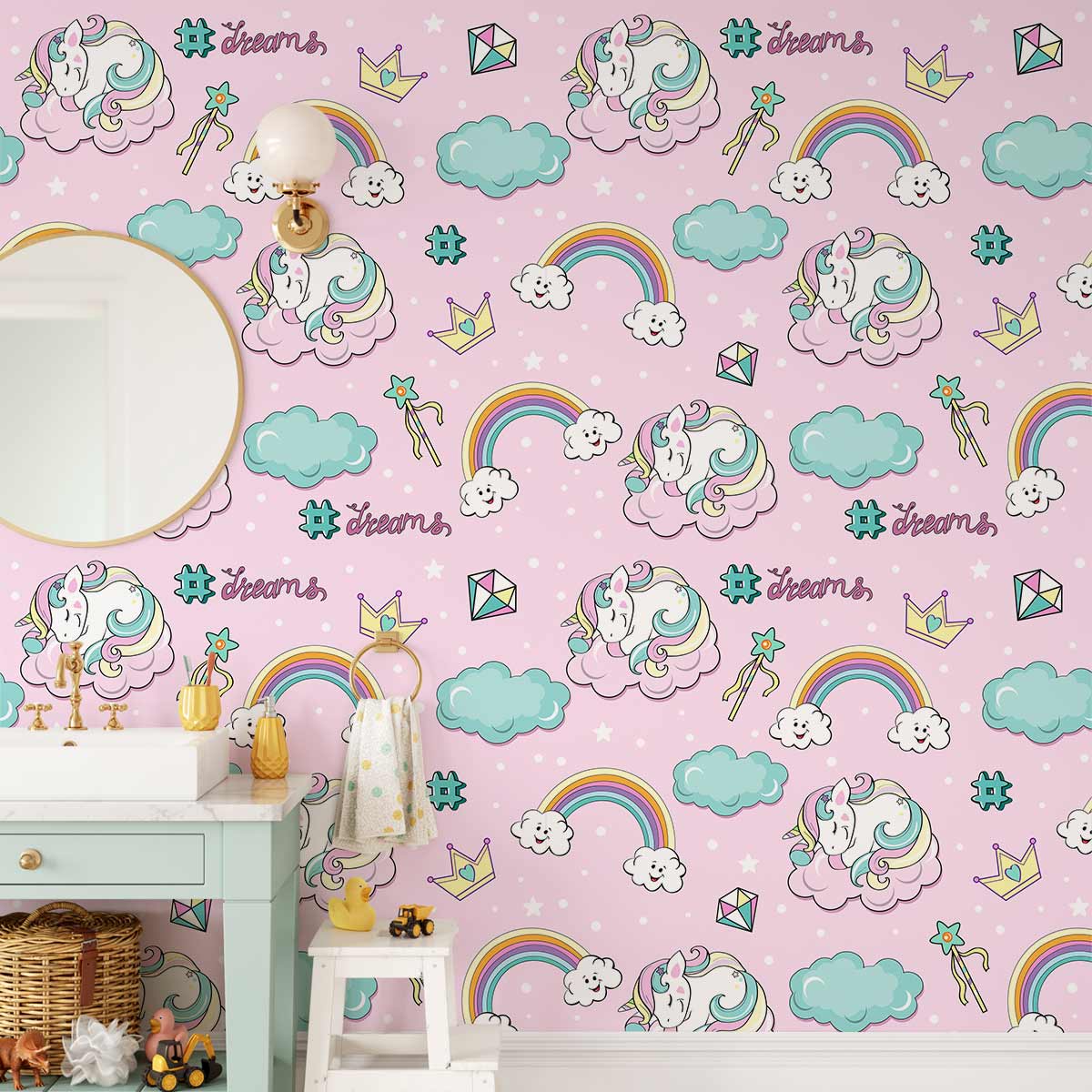 Unicorn-themed pink wallpaper in a bathroom with a pastel vanity and decorative light fixture.