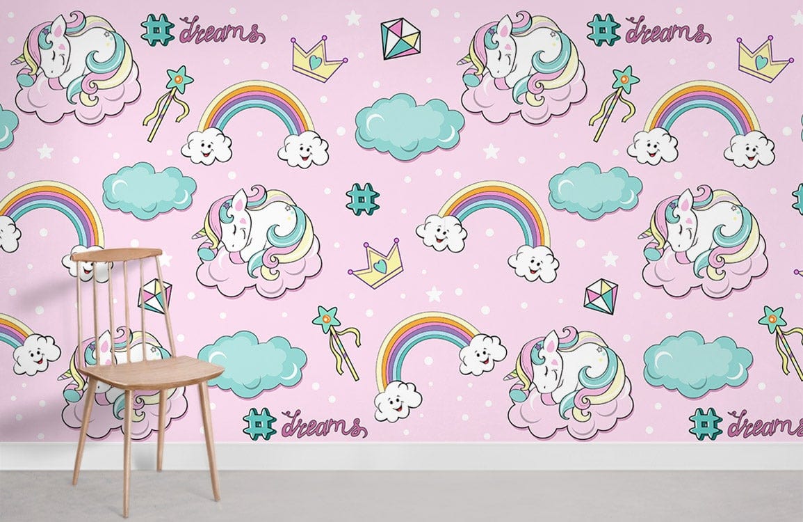 Magical Unicorn Rainbow Dreamscape Kids Mural Wallpaper in pastel pink, wooden chair, light flooring.