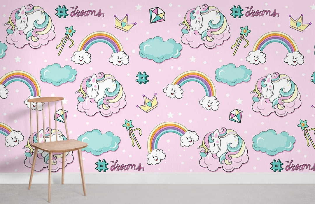 Magical Unicorn Rainbow Dreamscape Kids Mural Wallpaper in pastel pink, wooden chair, light flooring.