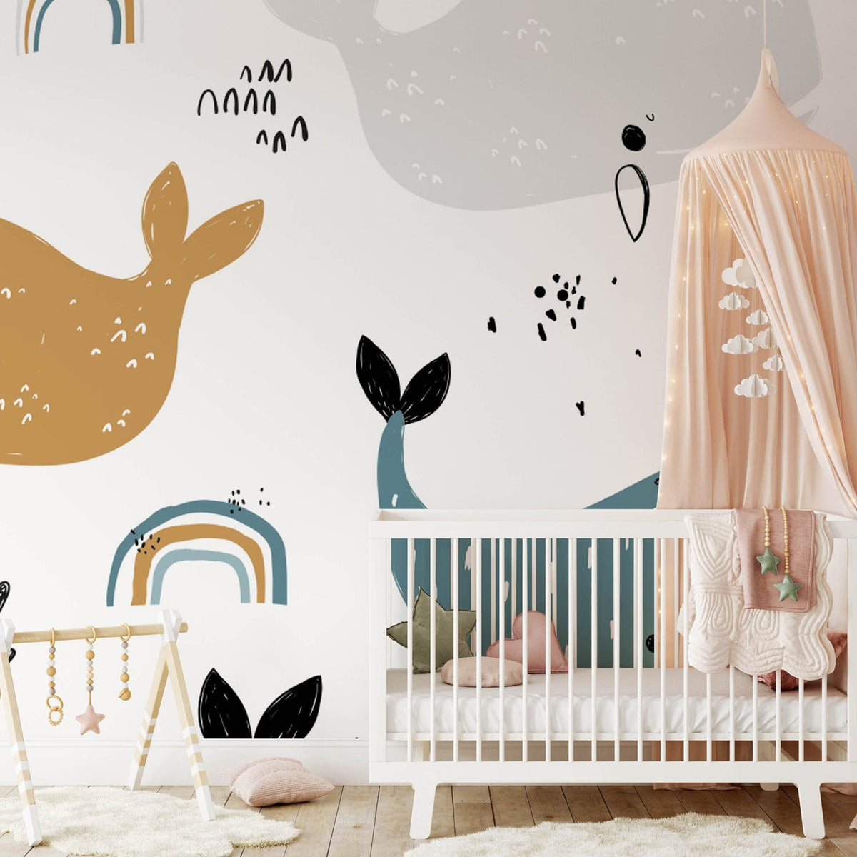 Charming Nautical Adventure Whale Pattern Kids' Wallpaper in nursery with white cot and pastel decor.