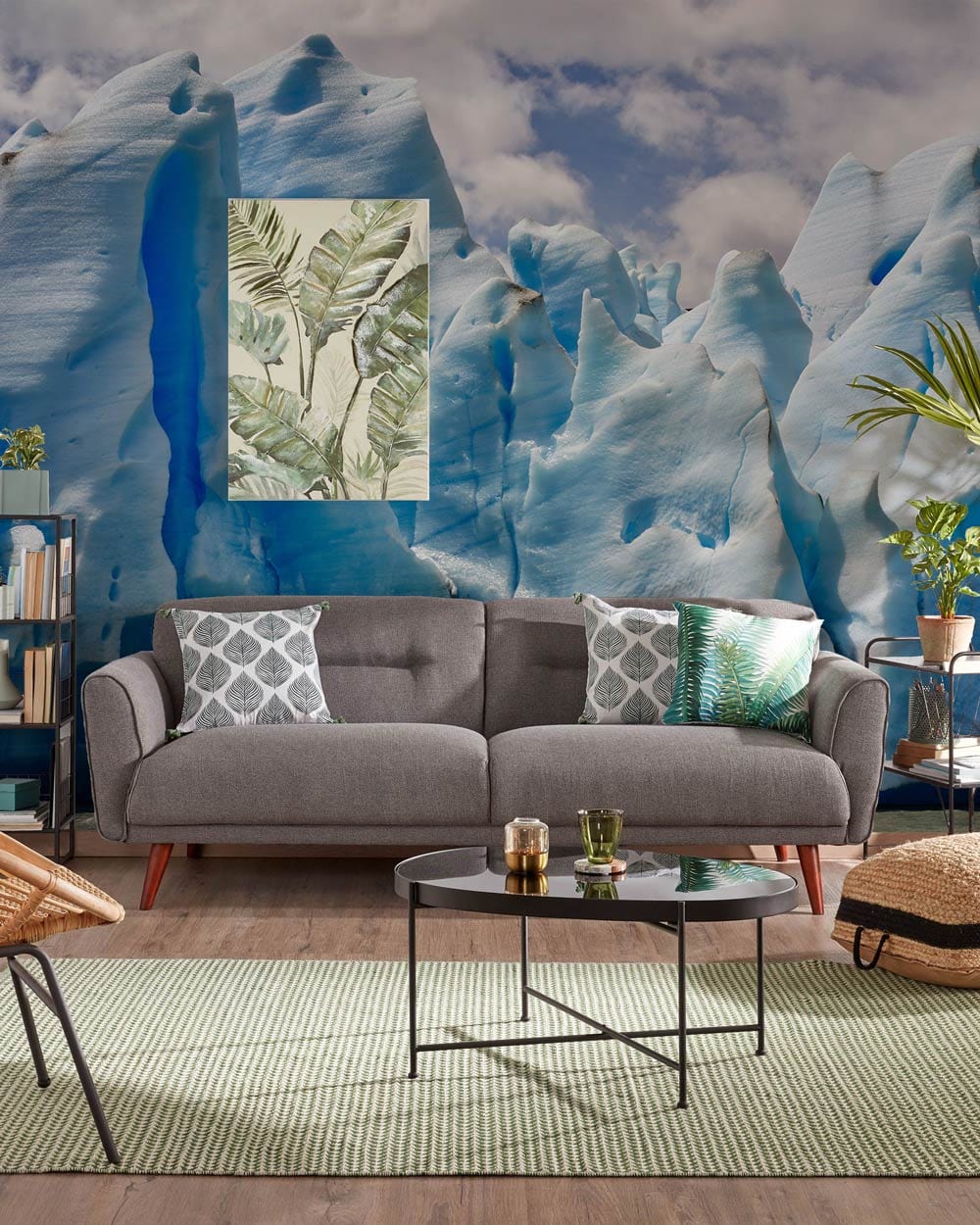 Modern interior featuring Icy Blue Glacier Mural with grey sofa, green rug, and stylish decor elements.