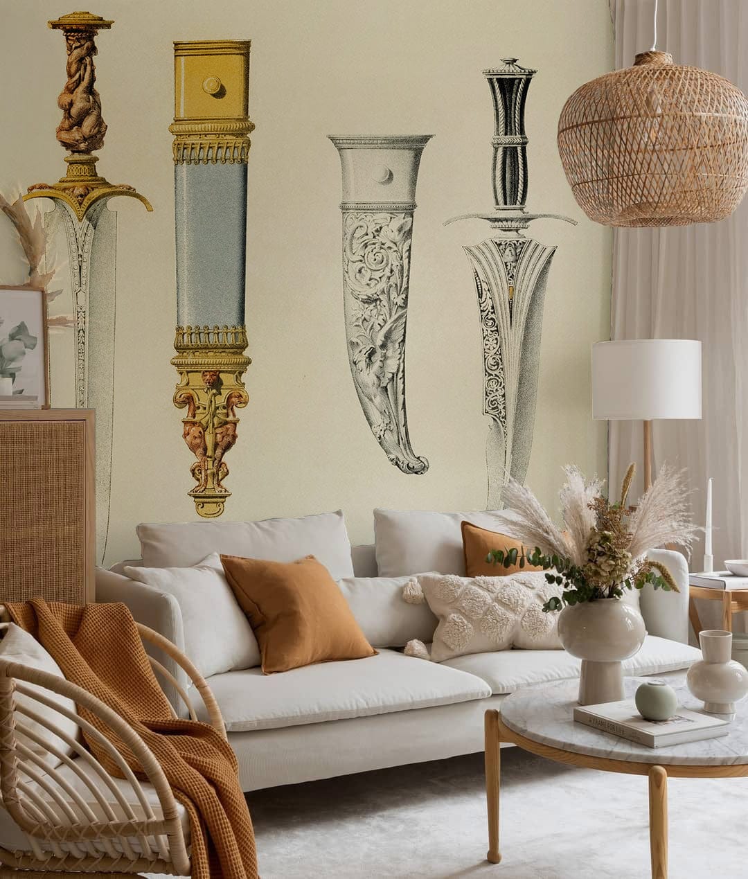 Antique Dagger Art Deco Mural Wallpaper, elegant beige living room, white sofa, rattan lamp, soft flooring.