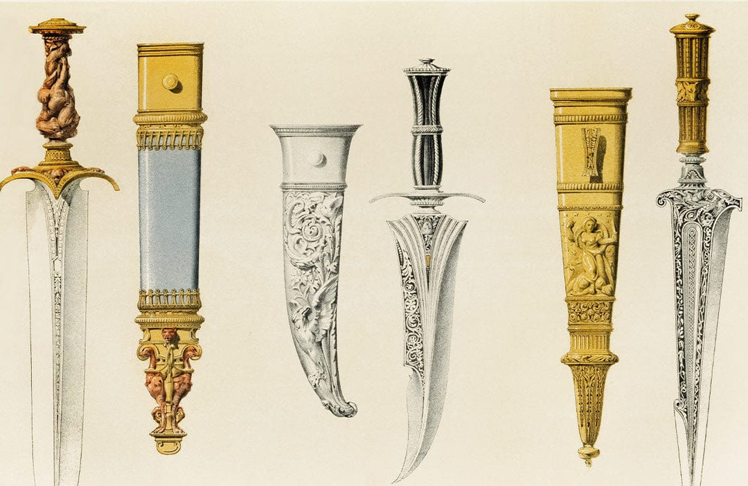 Antique Dagger Art Deco Mural Wallpaper, Vintage Style Gold and Silver Design