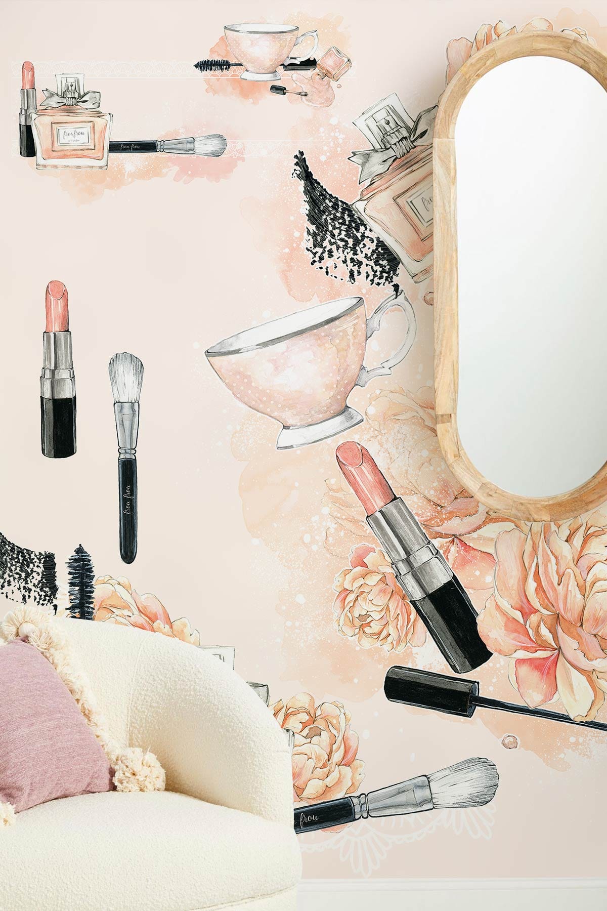 Elegant Peach Floral Beauty Mural with Makeup Illustrations, Cream Sofa, Wooden Frame Mirror.