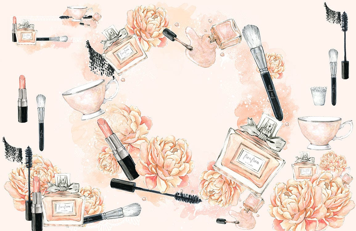 Elegant Peach Floral Beauty Theme Mural Wallpaper with Makeup Illustrations