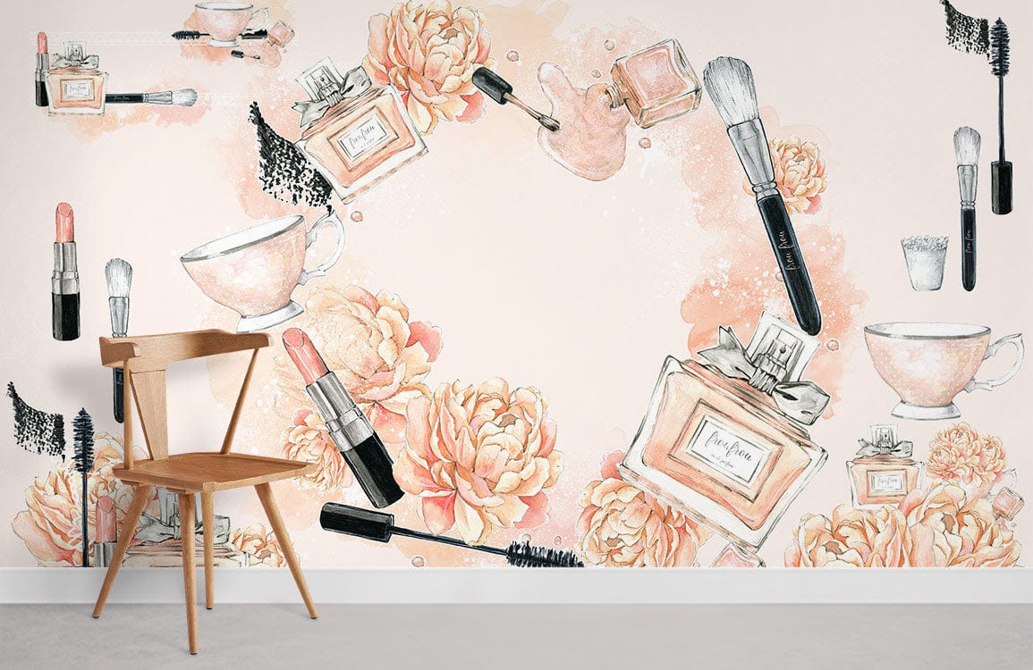 Elegant mural wallpaper with peach floral beauty theme, makeup illustrations, wooden chair, and minimalist decor.