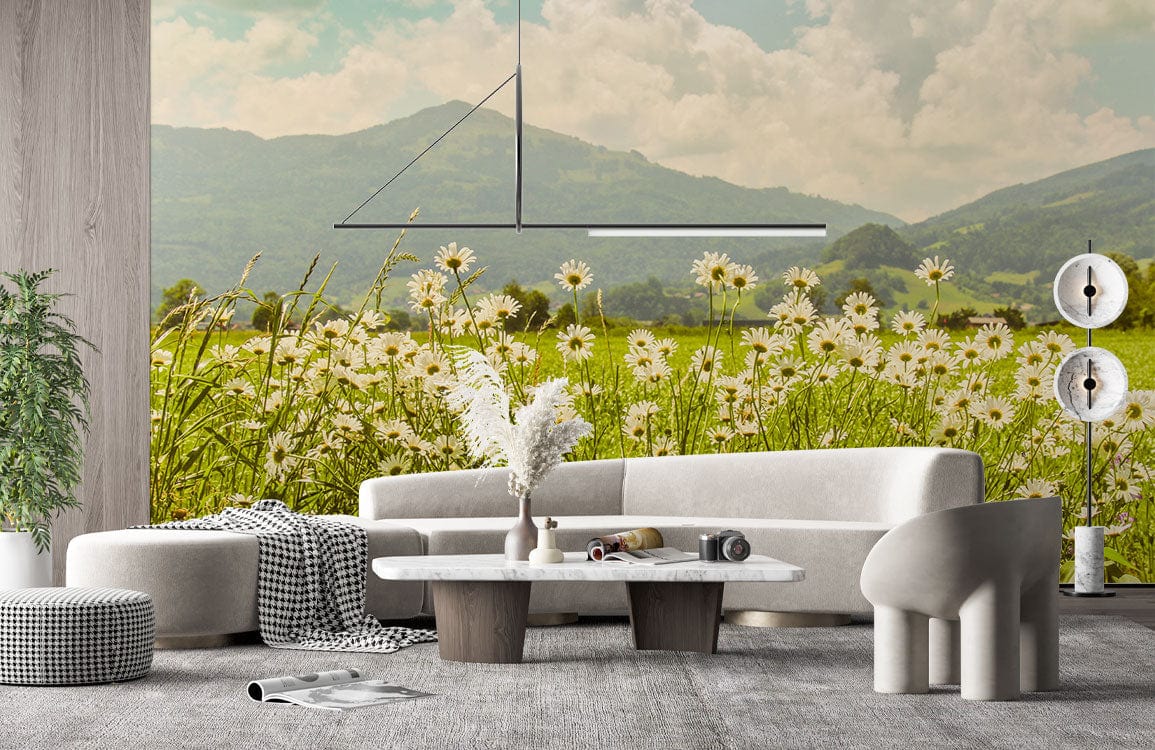 Vintage Countryside Daisy Meadow Mural, green and cream palette, minimalist grey sofa, modern living room.