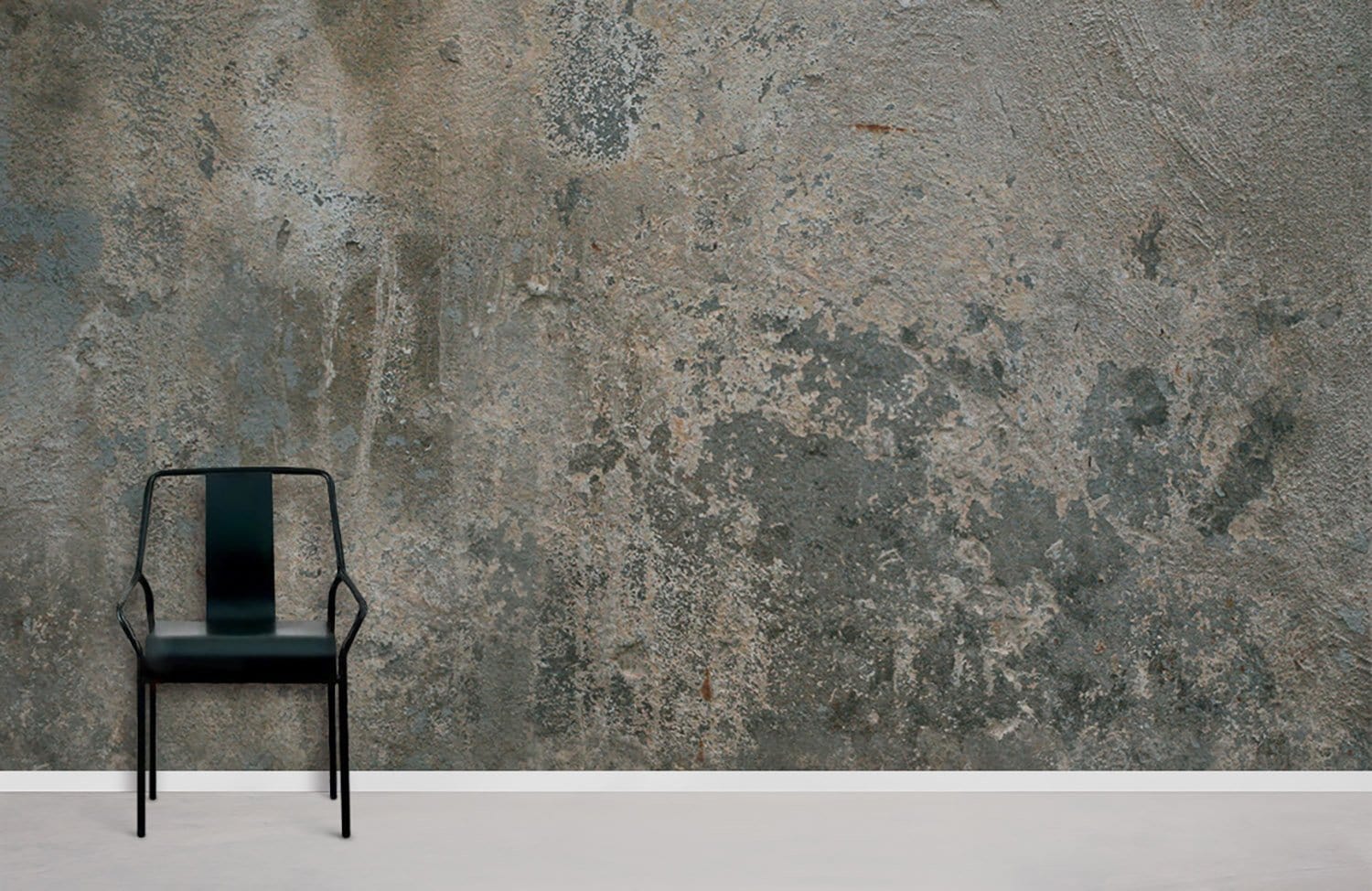 Vintage industrial wallpaper in classic grey, blue tones; metal chair; minimalist room setting; concrete flooring.