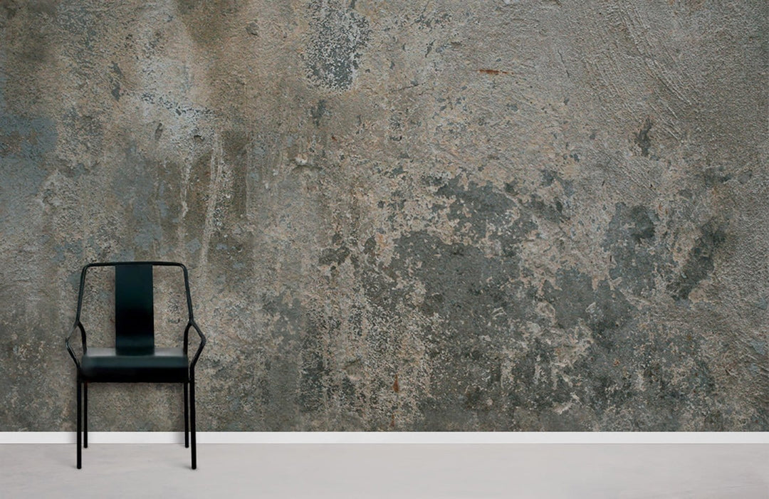 Vintage industrial wallpaper in classic grey, blue tones; metal chair; minimalist room setting; concrete flooring.