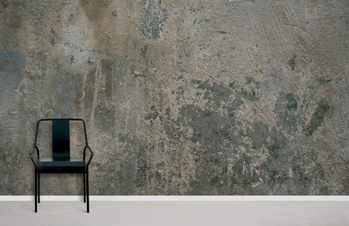 Vintage industrial wallpaper in classic grey, blue tones; metal chair; minimalist room setting; concrete flooring.