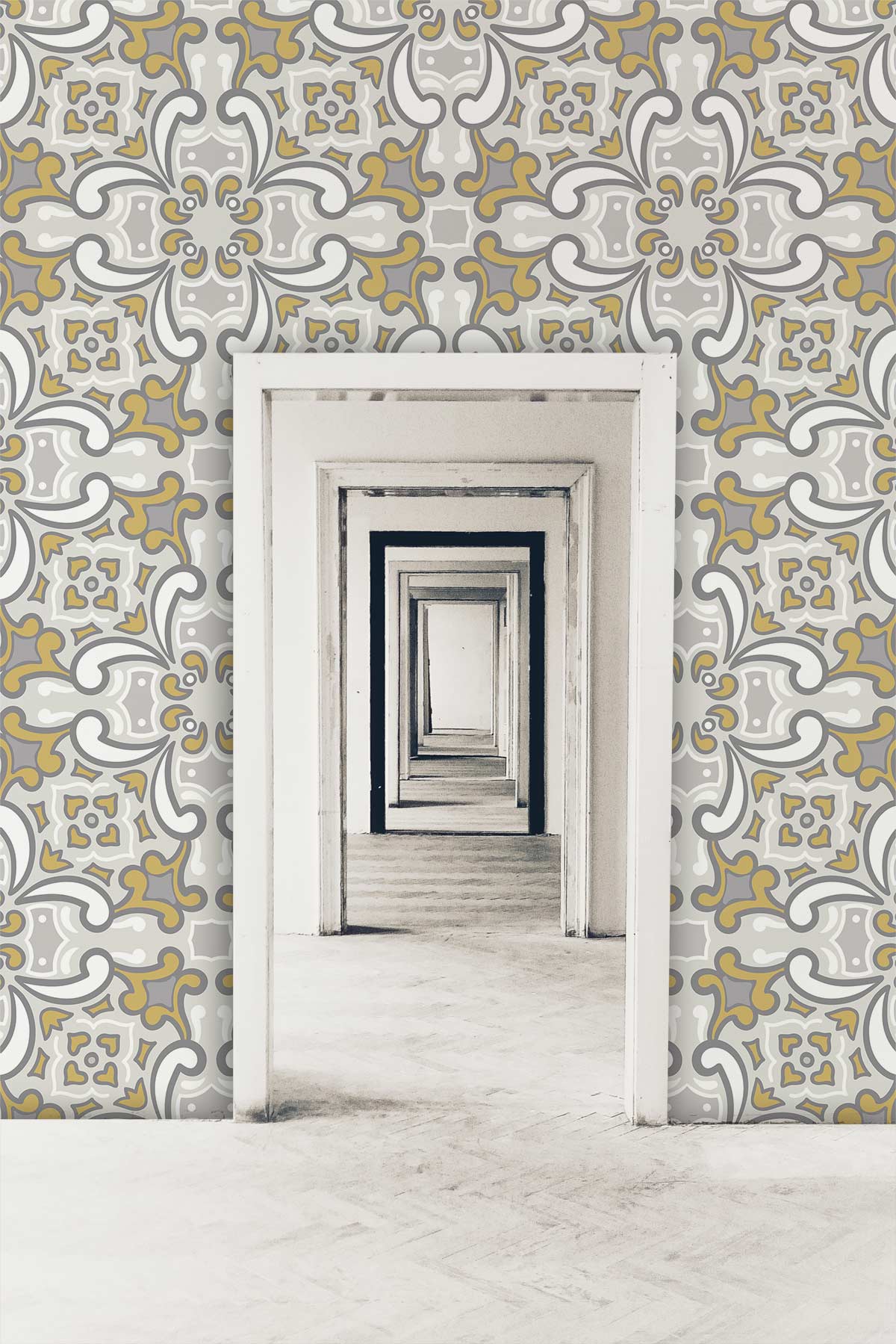Elegant Floral Grey and Gold Vintage Wallpaper in hallway with decorative arches and parquet flooring.