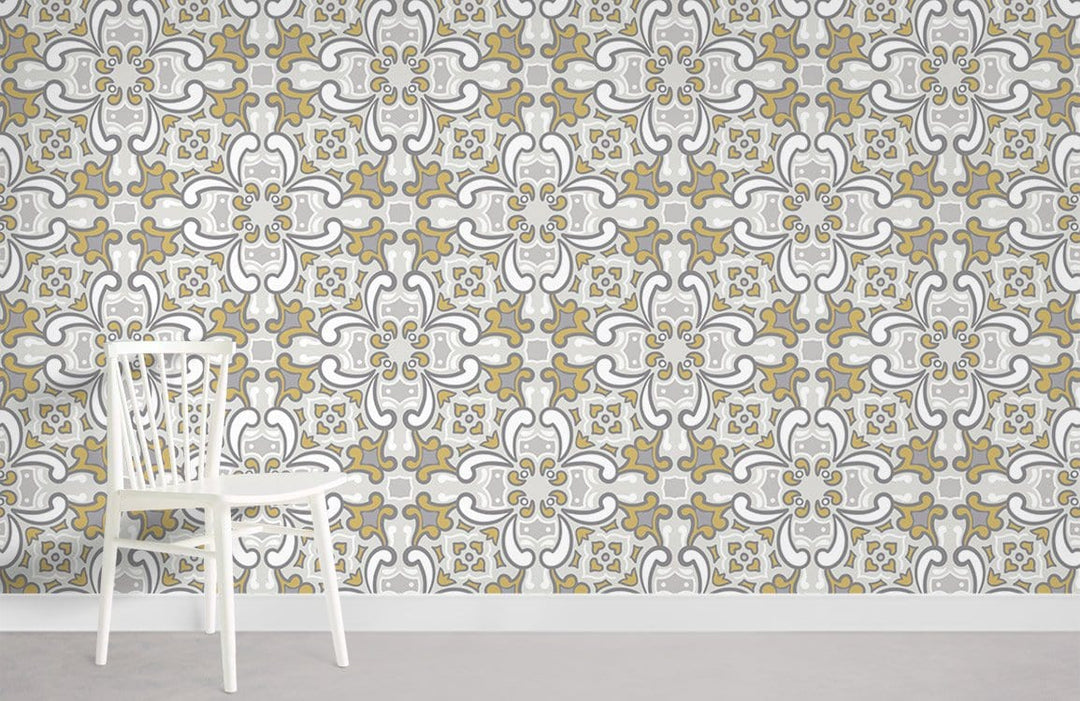 Elegant floral grey gold vintage wallpaper with white chair, enhancing timeless interior style.