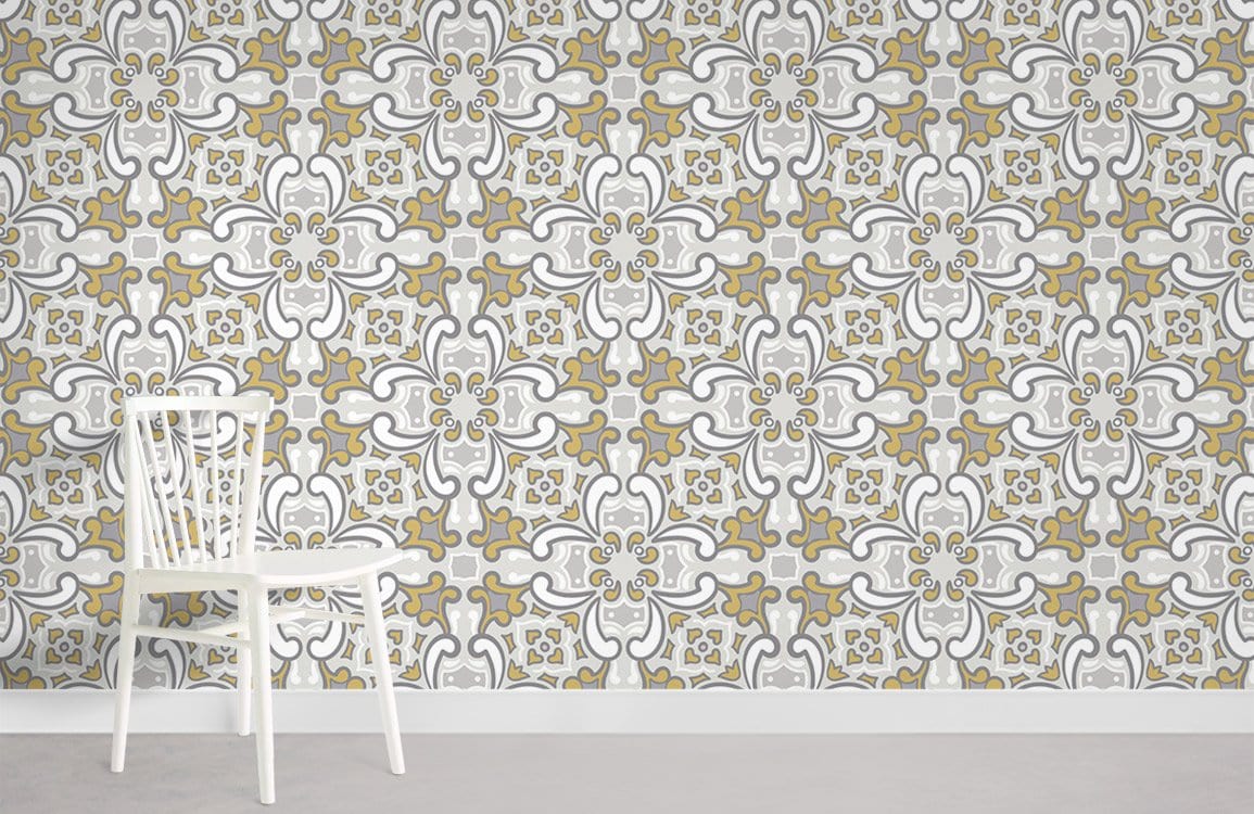 Elegant floral grey gold vintage wallpaper with white chair, enhancing timeless interior style.