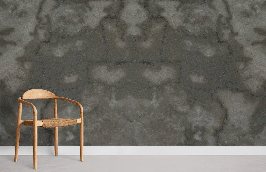 Grey textured marble effect mural wallpaper, elegant interior, minimalist chair, modern room, concrete flooring.