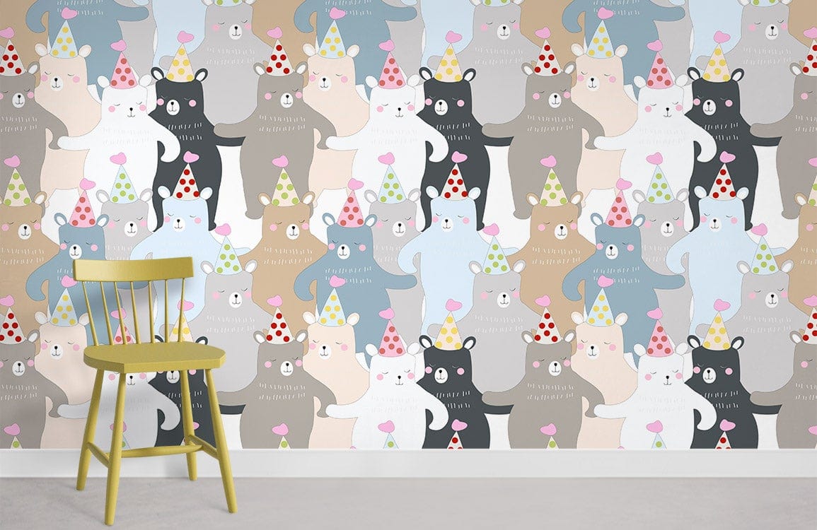 Whimsical Bears Party wallpaper in children's bedroom with yellow chair, perfect for playful decor.