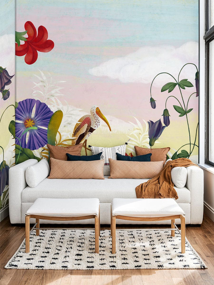 Whimsical floral wallpaper with vibrant colours, sofa, light wood flooring, patterned rug, contemporary living room.
