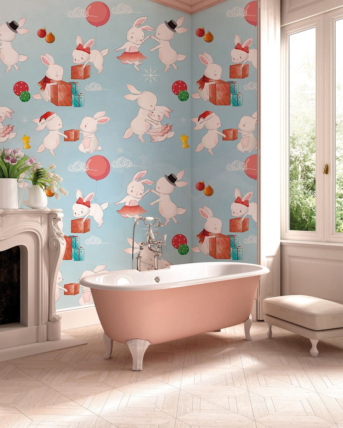 Whimsical Bunny Pastel Blue Wallpaper in child's bathroom with pink bathtub, parquet flooring, classic decor.