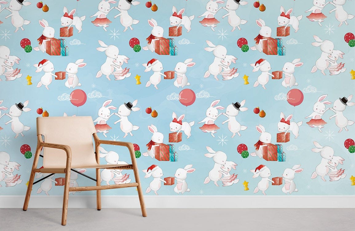 Whimsical bunny wallpaper with pastel blue theme, featuring wooden chair, suitable for children's room Décor.