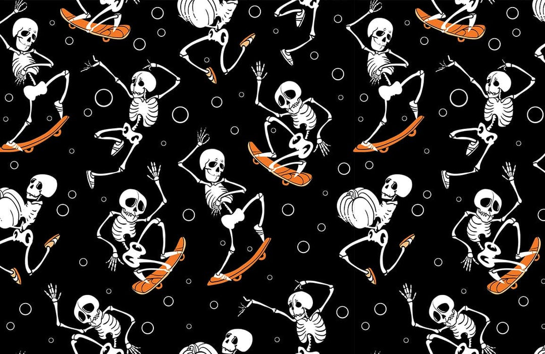 Playful Skeleton Skateboard Black and Orange Halloween Patterned Wallpaper