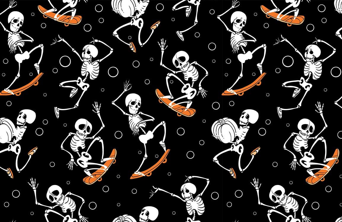 Playful Skeleton Skateboard Black and Orange Halloween Patterned Wallpaper