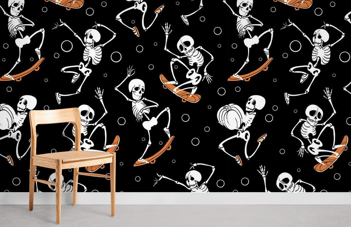 Playful Skeleton Skateboard Halloween Patterned Wallpaper, wooden chair, grey flooring, black wall design.