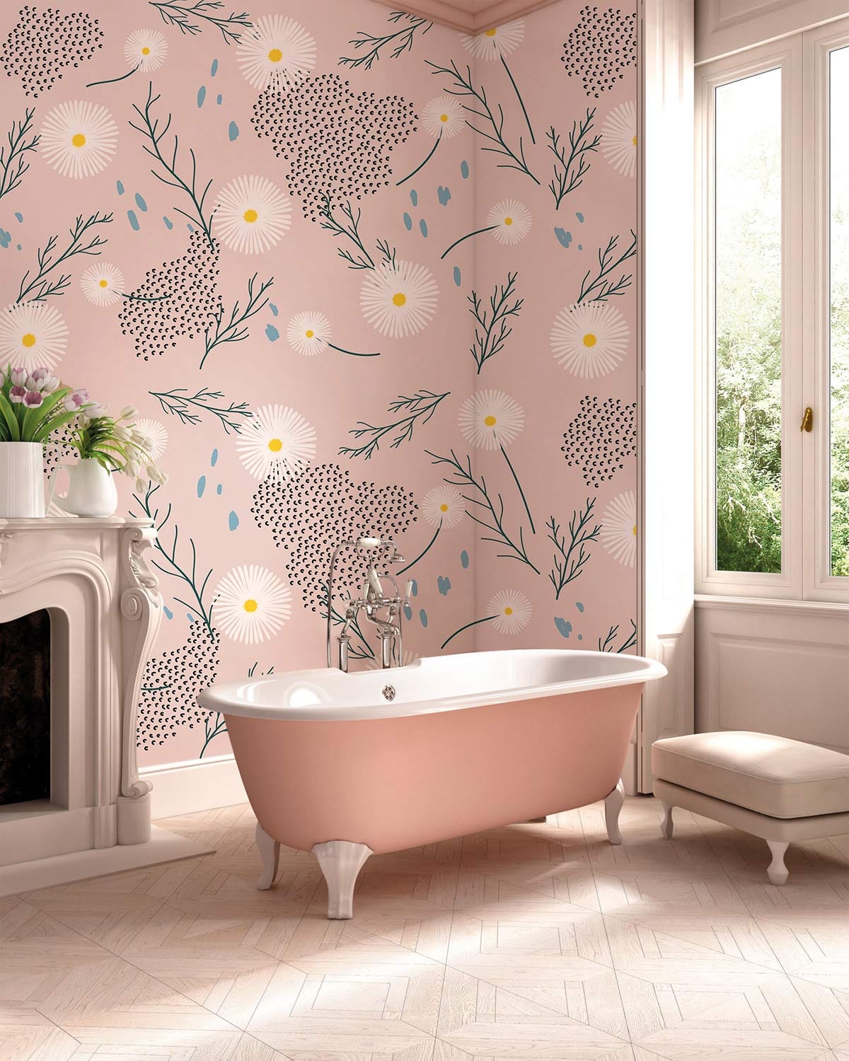 Botanical Bliss Pastel Floral Wallpaper in bathroom with pink bathtub, white fireplace, herringbone floor.
