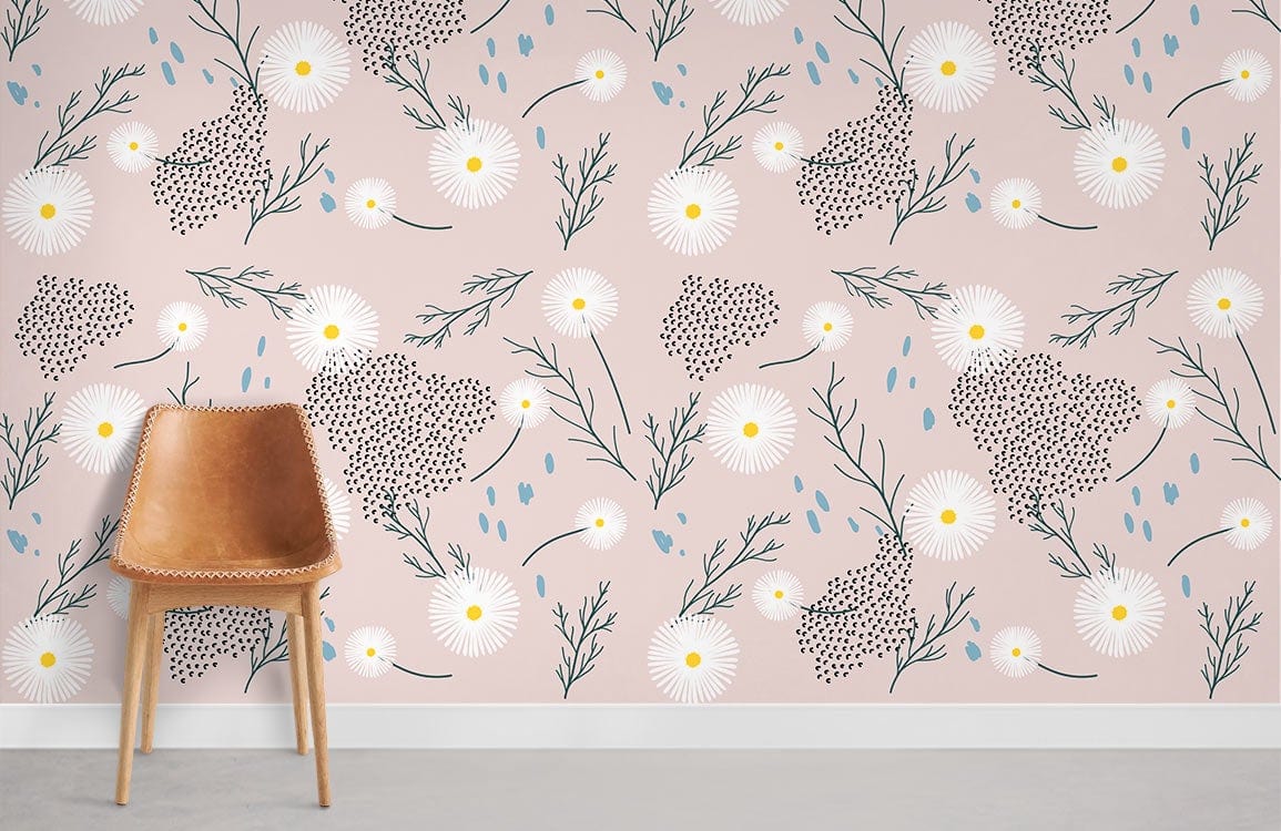 Botanical Bliss pastel floral wallpaper, nature-inspired, with tan chair, grey flooring in modern room.